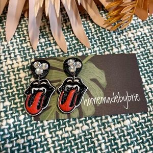 Rockstar tongue vampire clay earrings, post, with bling